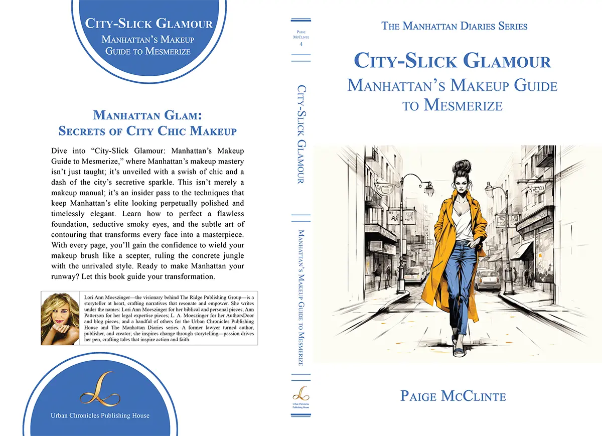 Full book cover of “City-Slick Glamour,” featuring front and back with chic Manhattan makeup mastery styles.