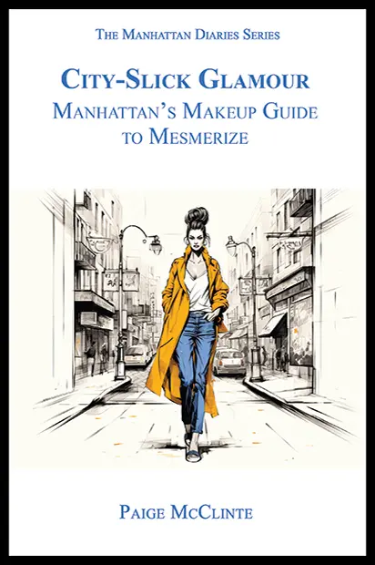 Front cover of “City-Slick Glamour,” mastering Manhattan makeup techniques, showcasing elegant, chic makeup style.
