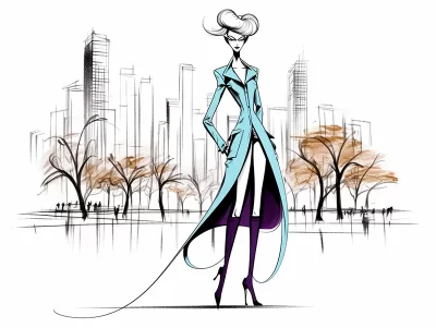 Woman from The Manhattan Diaries series, standing in front of a line drawing of Central Park, New York City.