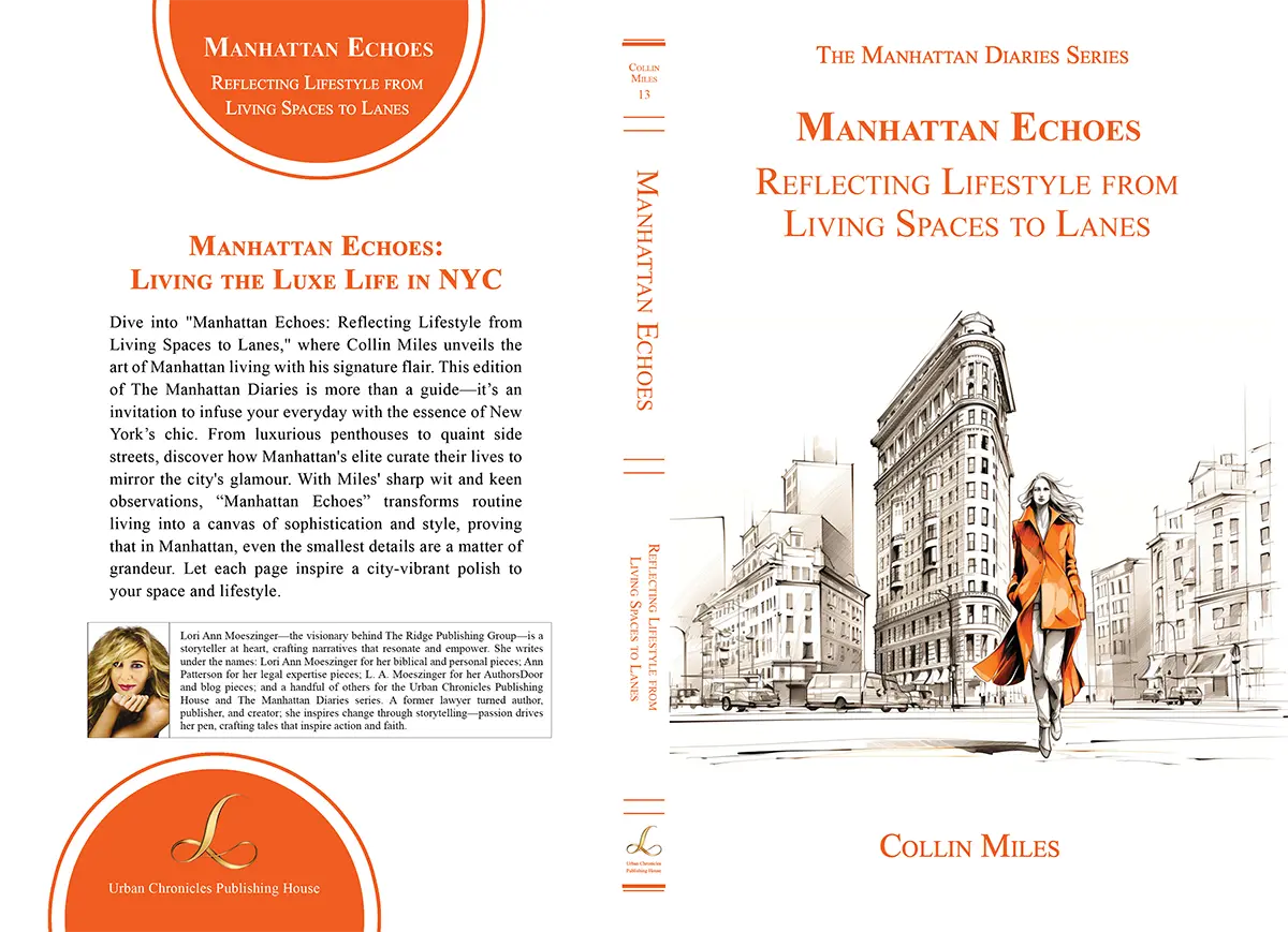 Full cover of “Manhattan Echoes,” the quintessential Manhattan lifestyle guide, depicting living spaces and city lanes.