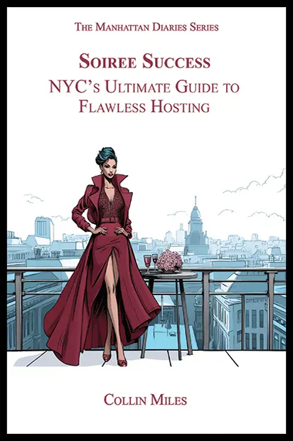 Front cover of “Soiree Success” NYC hosting guide featuring a stylish Manhattan rooftop party scene.