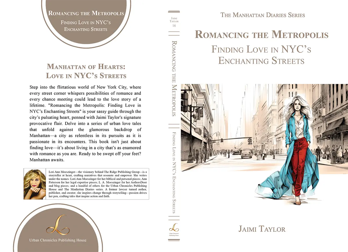 Full book cover for “Romancing the Metropolis,” NYC romance guide, showing front and back with cityscape and romantic motifs.
