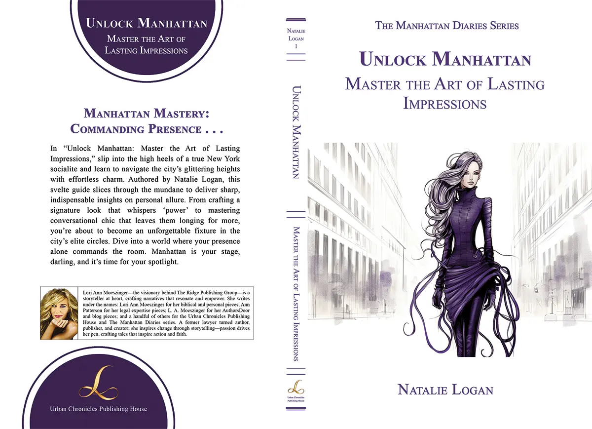 Full book cover of “Unlock Manhattan: Master the Art of Lasting Impressions,” showcasing front and back chic designs.