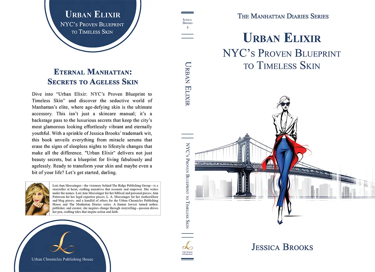 Full cover of “Urban Elixir,” detailing NYC skincare secrets for timeless, vibrant skin on both front and back covers.